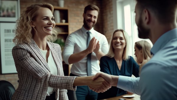 office-gorgeous-smiling-older-woman-shakes-hands-with-smiling-young-man-celebrate-good-business-deal-colleagues-thank-generative-ai-their-assistance